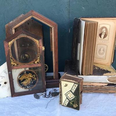 #39 - Three Victorian Photo Albums, Clock Parts, and Antique Bible