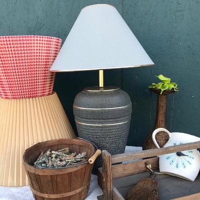 #136 - Grey Ceramic Lamp, Artist's Clothes Pins, Wood Serving Tray, Various Home Goods 