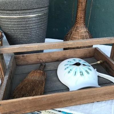 #136 - Grey Ceramic Lamp, Artist's Clothes Pins, Wood Serving Tray, Various Home Goods 