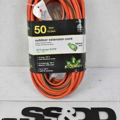 GoGreen Power 16/3 50' Heavy Duty Extension Cord, Lighted End, $17 Retail - New