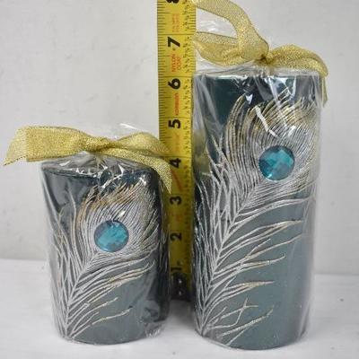 2 Candles, Teal with Peacock Feather 4