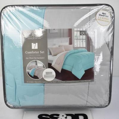 CASA 7-Piece Comforter Set & Sheets, White/Aqua/Gray, Queen, $31 Retail - New