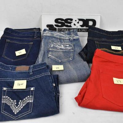 5 pairs of Women's Jeans Sizes 13, 15, 16W, 17 - Light Blue, Dark Blue, Red