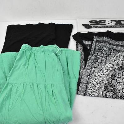 3 pc Women's Clothing: 2X Summer Dress, XL Black Skirt, Large Green Skirt