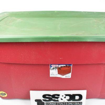 Red & Green Sterilite Storage Tote with 2 Wheels. 45 Gallon