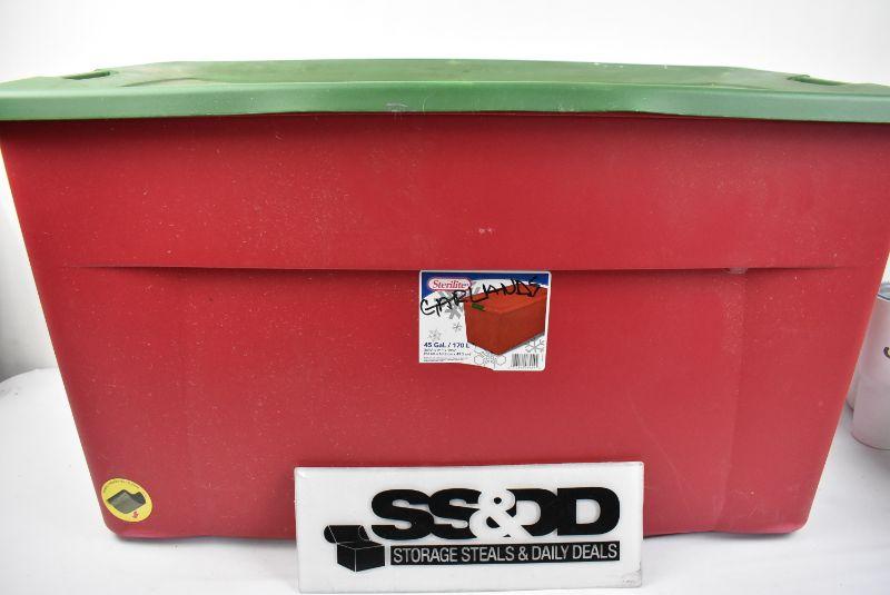 Red & Green Sterilite Storage Tote with 2 Wheels. 45 Gallon