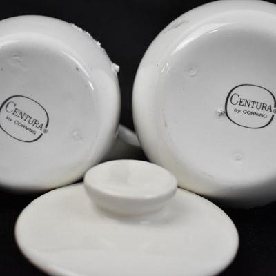 3 pc Cream & Sugar (with lid) Dishes by Corning Centura. White with Silver Trim