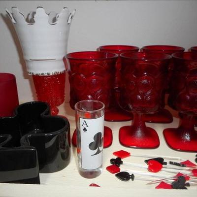 Lot 830 - Shelves Full of Glassware Teapots Planters Red Glass
