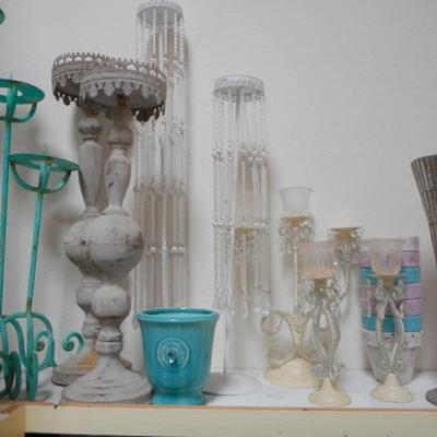 Lot 830 - Shelves Full of Glassware Teapots Planters Red Glass