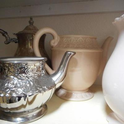 Lot 830 - Shelves Full of Glassware Teapots Planters Red Glass