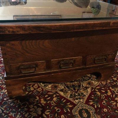 Antique Oriental Fire Table Copper Insert 3 small Drawers 31 1/2
