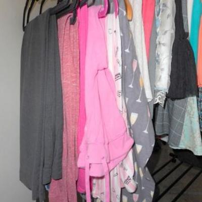 Lot 416 - Womens Clothing + Extendable Rolling Clothes Rack