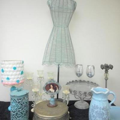 Lot 690 - Retro Turquoise Lot - Wire Mannequin, Table, Trays, Lamp, Etc.