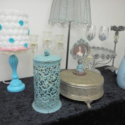 Lot 690 - Retro Turquoise Lot - Wire Mannequin, Table, Trays, Lamp, Etc.