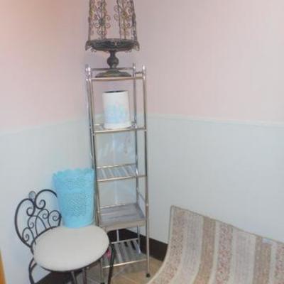Lot 698 - Wrought Iron Vanity Chair, Shabby Chic Rug, Shelving