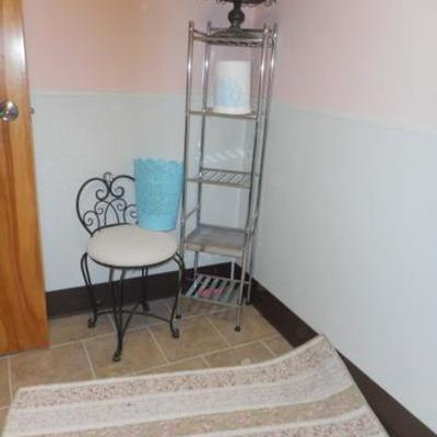Lot 698 - Wrought Iron Vanity Chair, Shabby Chic Rug, Shelving