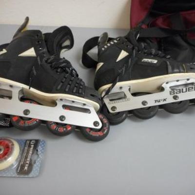 Lot 740 - Bauer In Line Skates, Cary Bag & Protective Gear