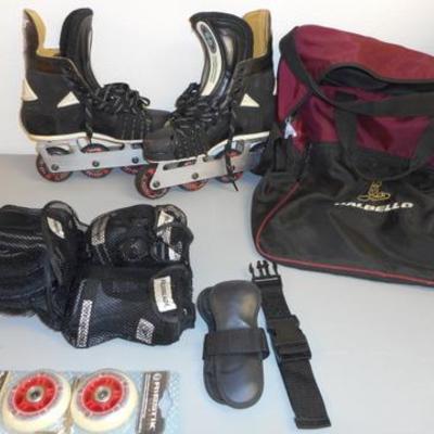 Lot 740 - Bauer In Line Skates, Cary Bag & Protective Gear