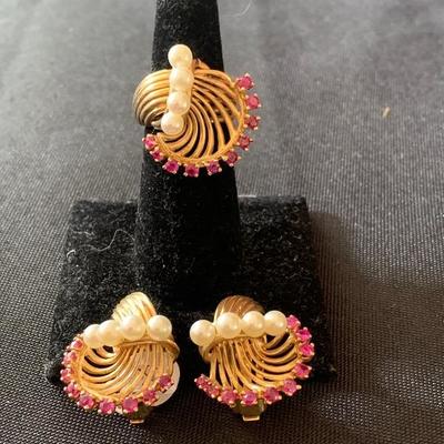 14k gold earrings with pearls and rubies