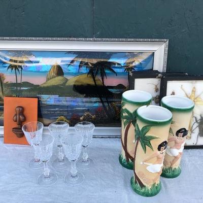#32 - Reverse Glass Painting with Butterfly Wings, Other Art, and Two Glass Sets
