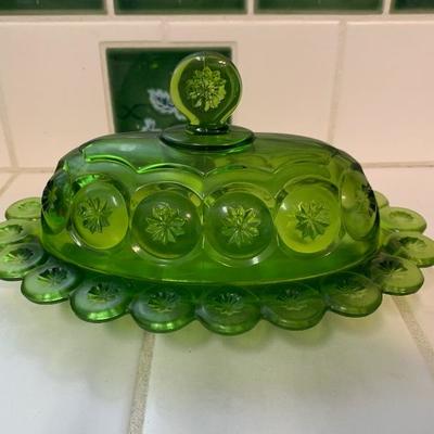 Moon and Stars green glass butter, cream, sugar and small bowl