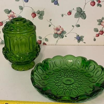 Moon and Stars green glass ash tray & candle holder