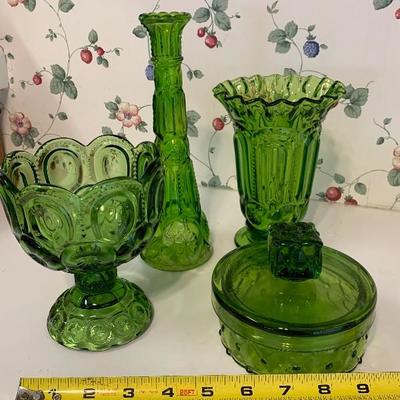 Moon and Stars green glass vases, goblet, dish with lif