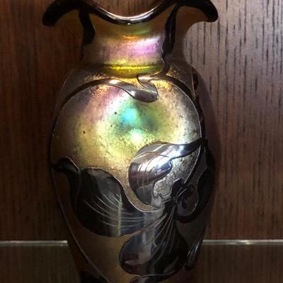 Loetz Sterling Overlay Iridescent Vase