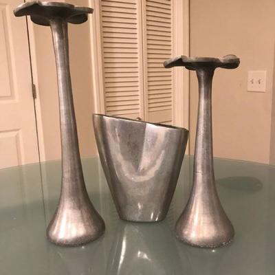 Pewter Candlesticks and Vase