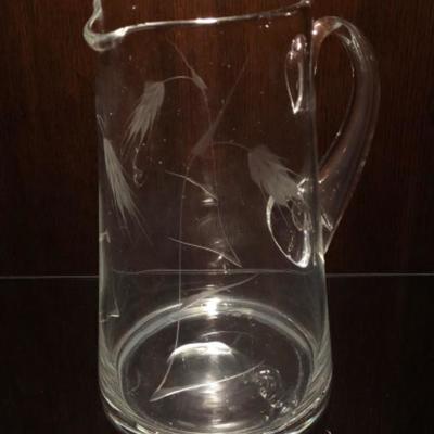 Vintage Etched Glass Pitcher with Wheat/Rye Design