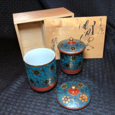 KUTANI-YAKI ware Japanese Tea with Lid, Pair