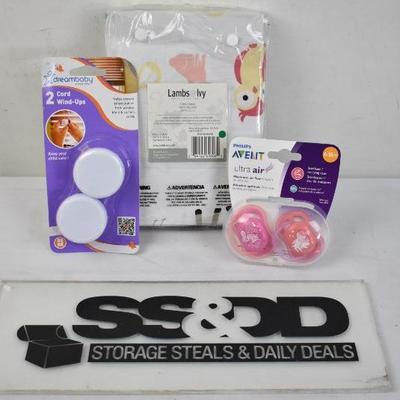 3pc Baby Lot - Pacifiers, Cord Wind Ups, Crib Sheet, $23 Retail - New