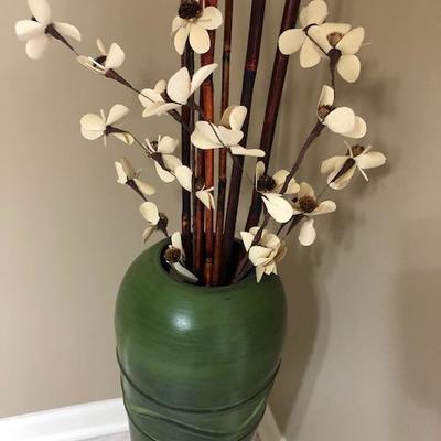 Green Vase w/flowers & bamboo