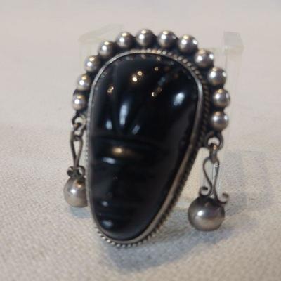 Sterling Silver & Carved Onyx Pin