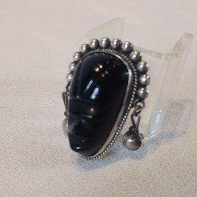 Sterling Silver & Carved Onyx Pin