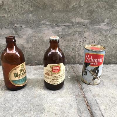 Lot 6 of 3 antique beer bottles 2 Blitz Weinhard bottles and one Schmidt Beer Can 