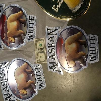 Lot 10 6 tin bar advertising signs.  Ayinger BrÃ¤uweisse, TrumernPils, Alaska white