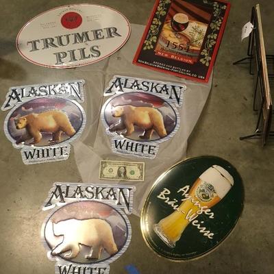 Lot 10 6 tin bar advertising signs.  Ayinger BrÃ¤uweisse, TrumernPils, Alaska white