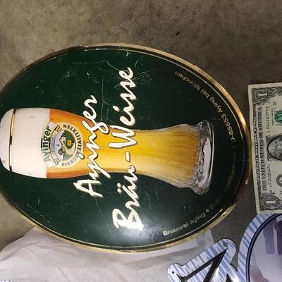 Lot 10 6 tin bar advertising signs.  Ayinger BrÃ¤uweisse, TrumernPils, Alaska white