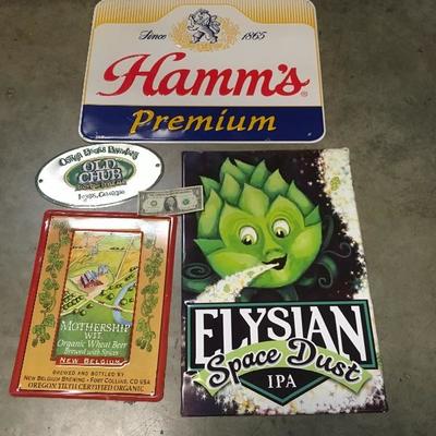Lot 13  includes 4 new or like new Tin/metal beer signs