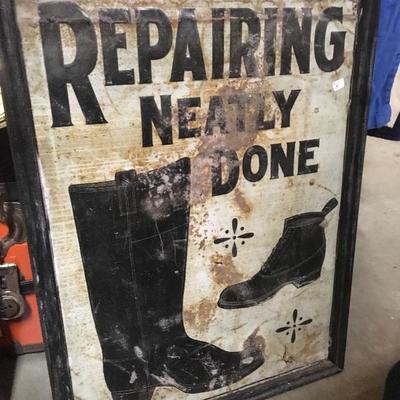 Lot 74  Framed Metal Antique Shoe Repair Advertising sign.