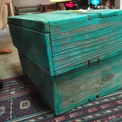 Lot 77  Pair of green rustic wood and metal shelves with drawers