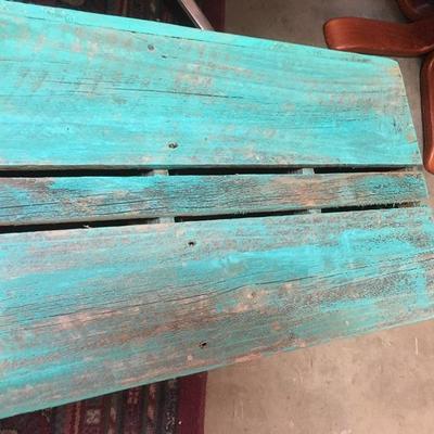 Lot 77  Pair of green rustic wood and metal shelves with drawers