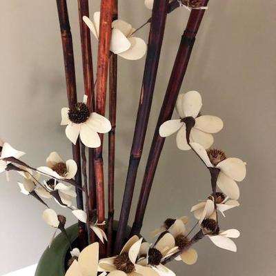 Green Vase w/flowers & bamboo