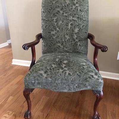 Queen Victorian Chair covered with green pattern material