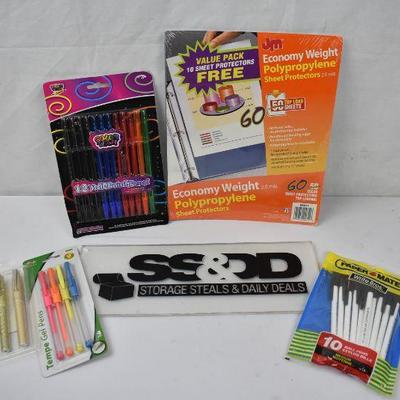 5 pc Office Supplies: 4 packages of pens & 1 package of sheet protectors - New