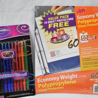 5 pc Office Supplies: 4 packages of pens & 1 package of sheet protectors - New