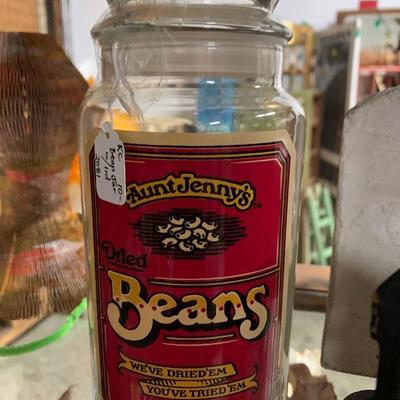 Aunt Jenny’s Beans glass jar w/lid 