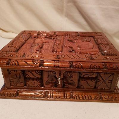 Hand Carved Wood Box, with Key