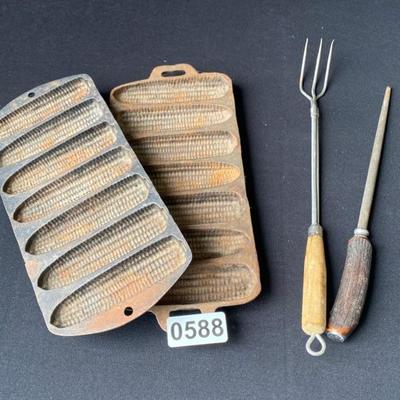Vintage Cast Iron Cornbread Pans, Fork, Sharpener-Lot 588